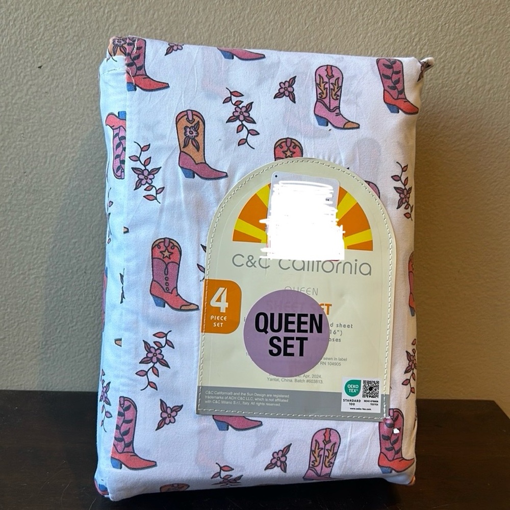 C & C California Sheet Set Queen Cowboy Boots Western Floral New